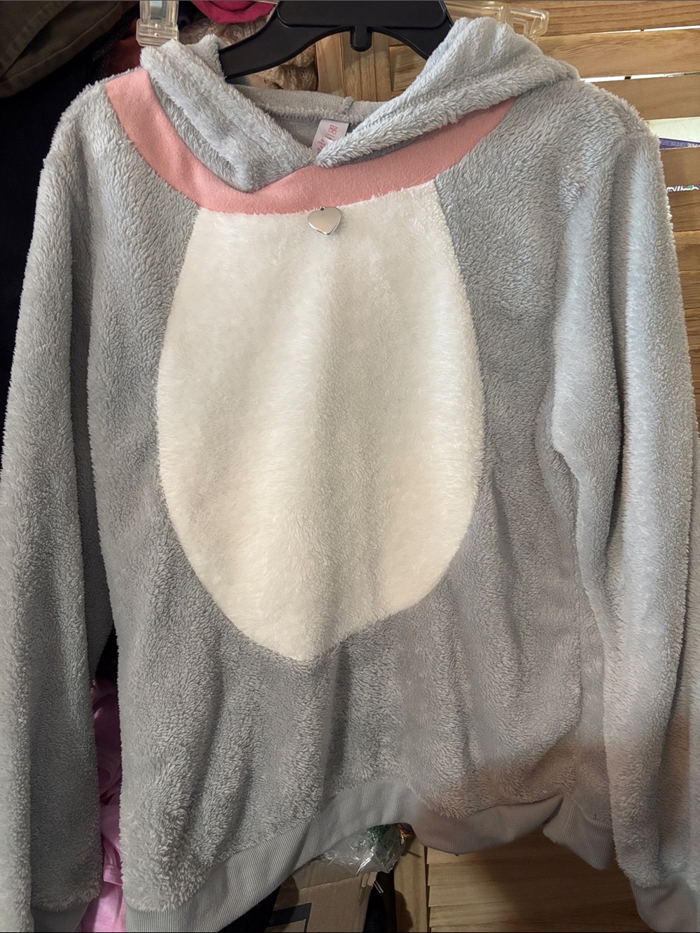 No Boundaries Plush Animal Hooded Pullover - Gray, White & Pink XL